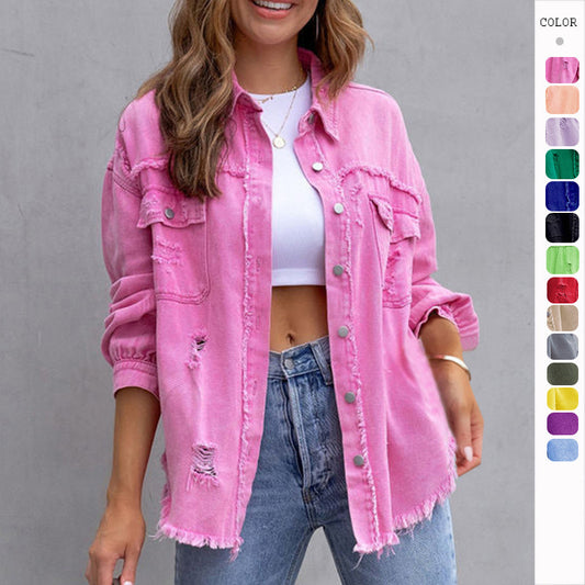 Fashion Ripped Shirt Jacket Female Autumn And Spring Casual Tops Womens Clothing a751ae0e bfe6 4dca 8796 b5bca9d064c1