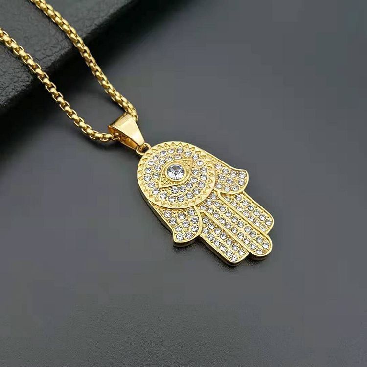 European And American Titanium Steel Gold Plated Diamond Hand Of Fatima Pendant Necklace a811b5ec b845 407b 87af f215f7a229af