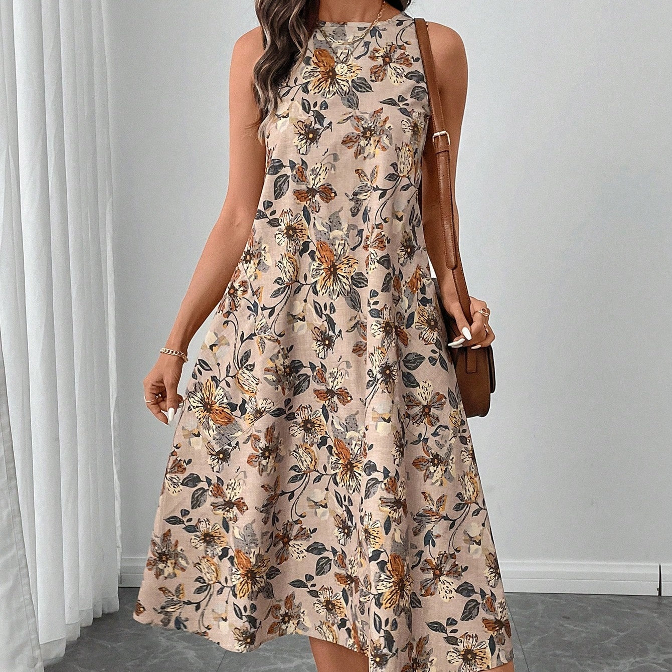 Round Neck Sleeveless Flared Hem Retro Floral Print Casual Elegant Midi Dress a816e839 6a47 409f bdb8 284616b68343