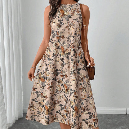 Round Neck Sleeveless Flared Hem Retro Floral Print Casual Elegant Midi Dress a816e839 6a47 409f bdb8 284616b68343