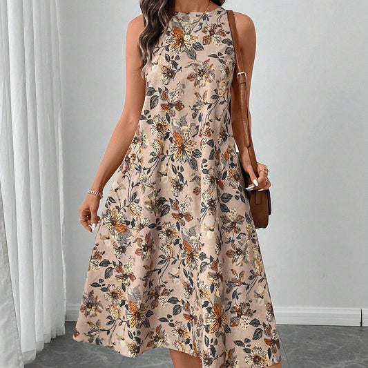 Round Neck Sleeveless Flared Hem Retro Floral Print Casual Elegant Midi Dress a816e839 6a47 409f bdb8 284616b68343
