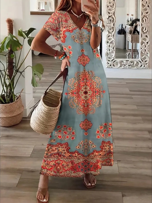 Boho-Chic Vintage Ethnic Print Casual Dress - Short Sleeve, V-Neck, Lightweight, Machine Washable - Perfect For Spring Summer