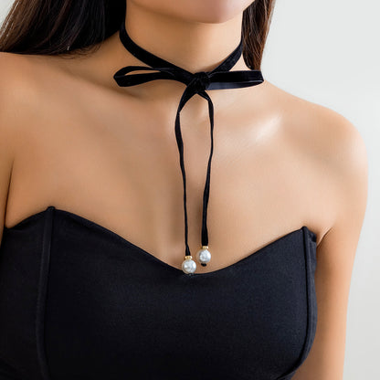 European And American Flannel Beads Bow Simple Long Tie Collar aa9cca3d f3ce 45e4 a900 261fd4a2f1a3