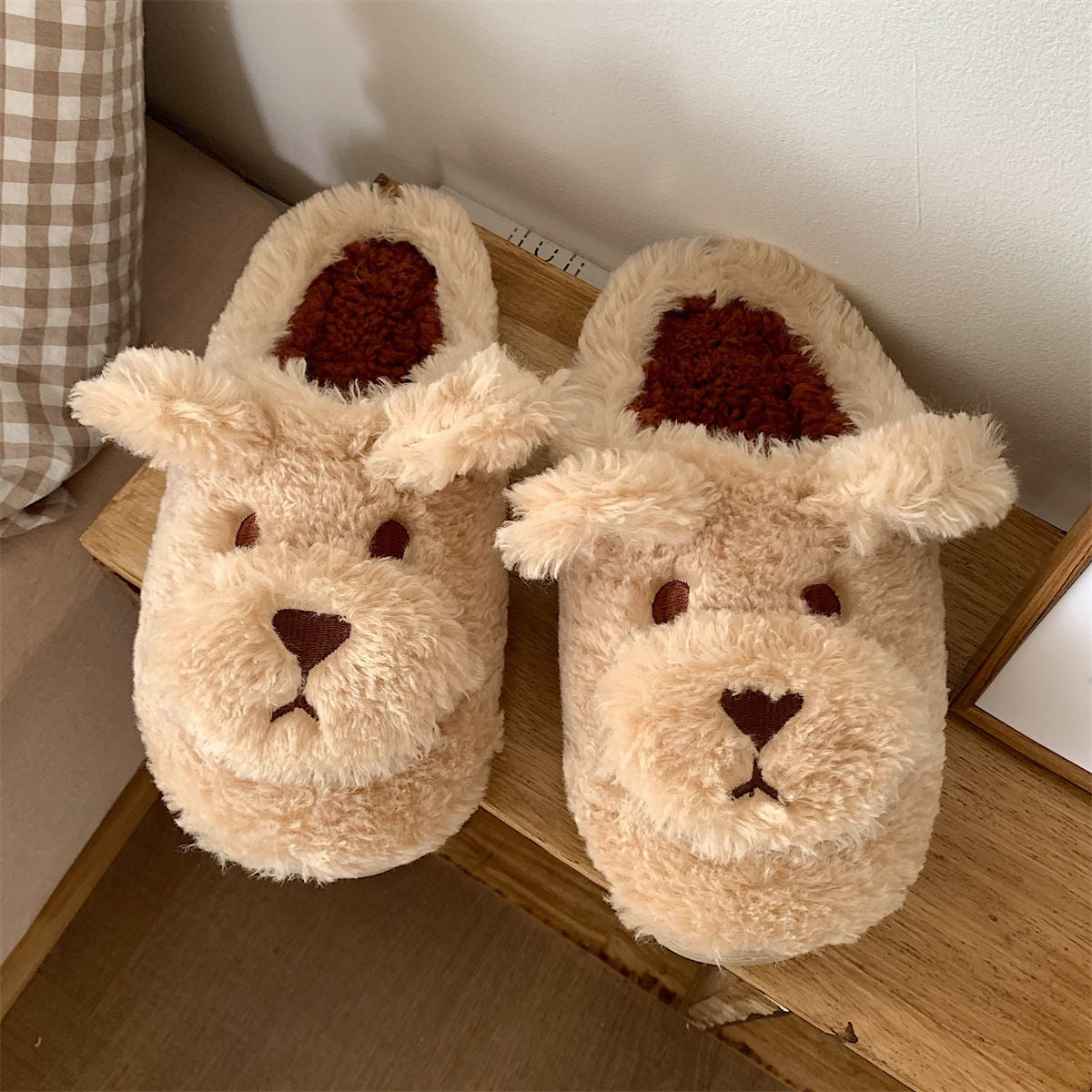 Cartoon Cute Head Cover Plush Warm Confinement Cotton Shoes Female Autumn And Winter Students Household Soft Soled Cotton Sli
