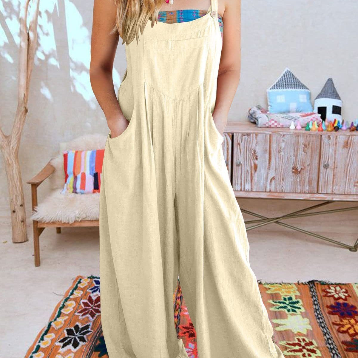 Women's Solid Color Loose Casual Cotton And Linen Suspender Jumpsuit aaf69108 ec20 4be7 8792 fe5d80e26849