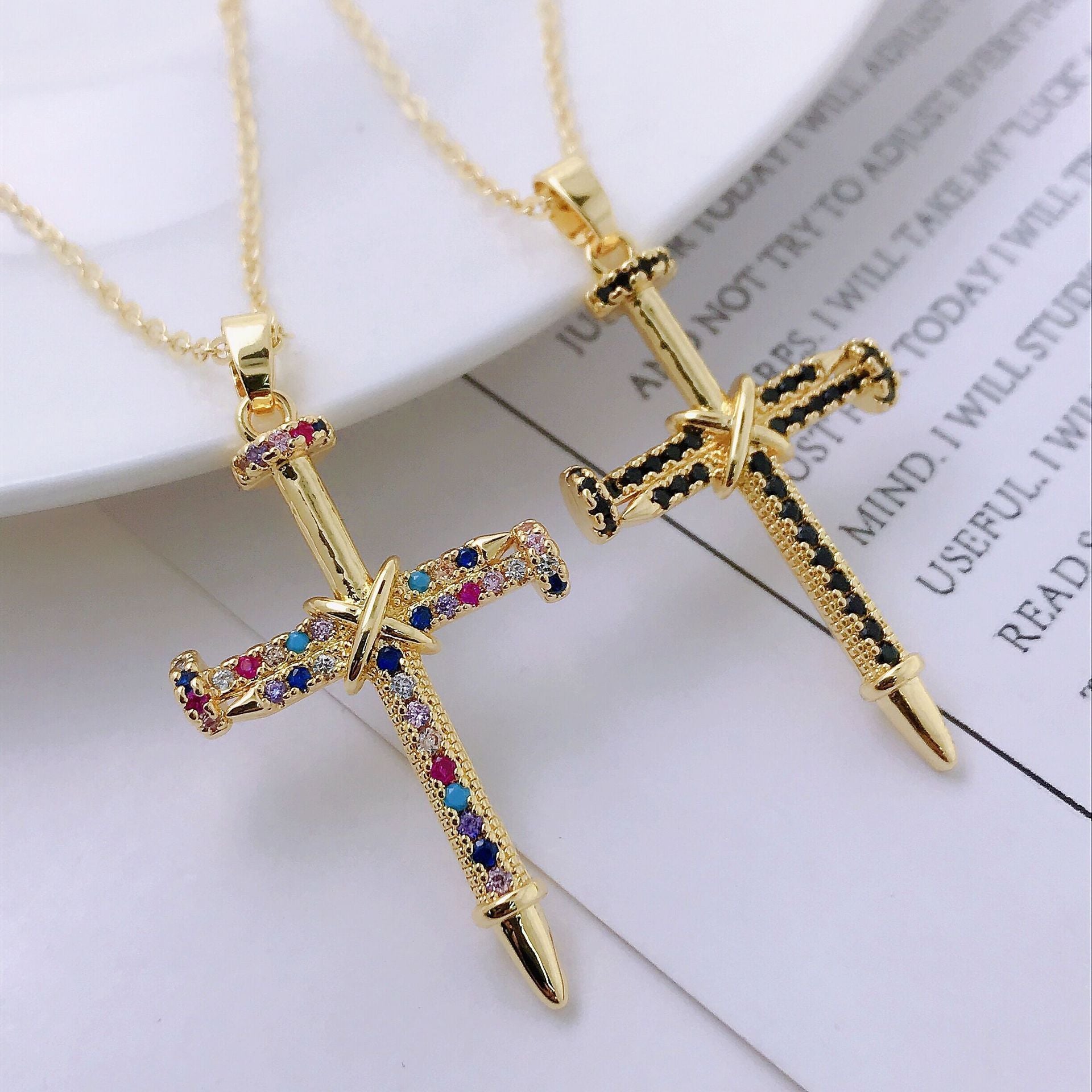 14K Gold Personality Hip Hop Clavicle Chain Nail Cross Necklace Pendant - HD Wireless Product #2