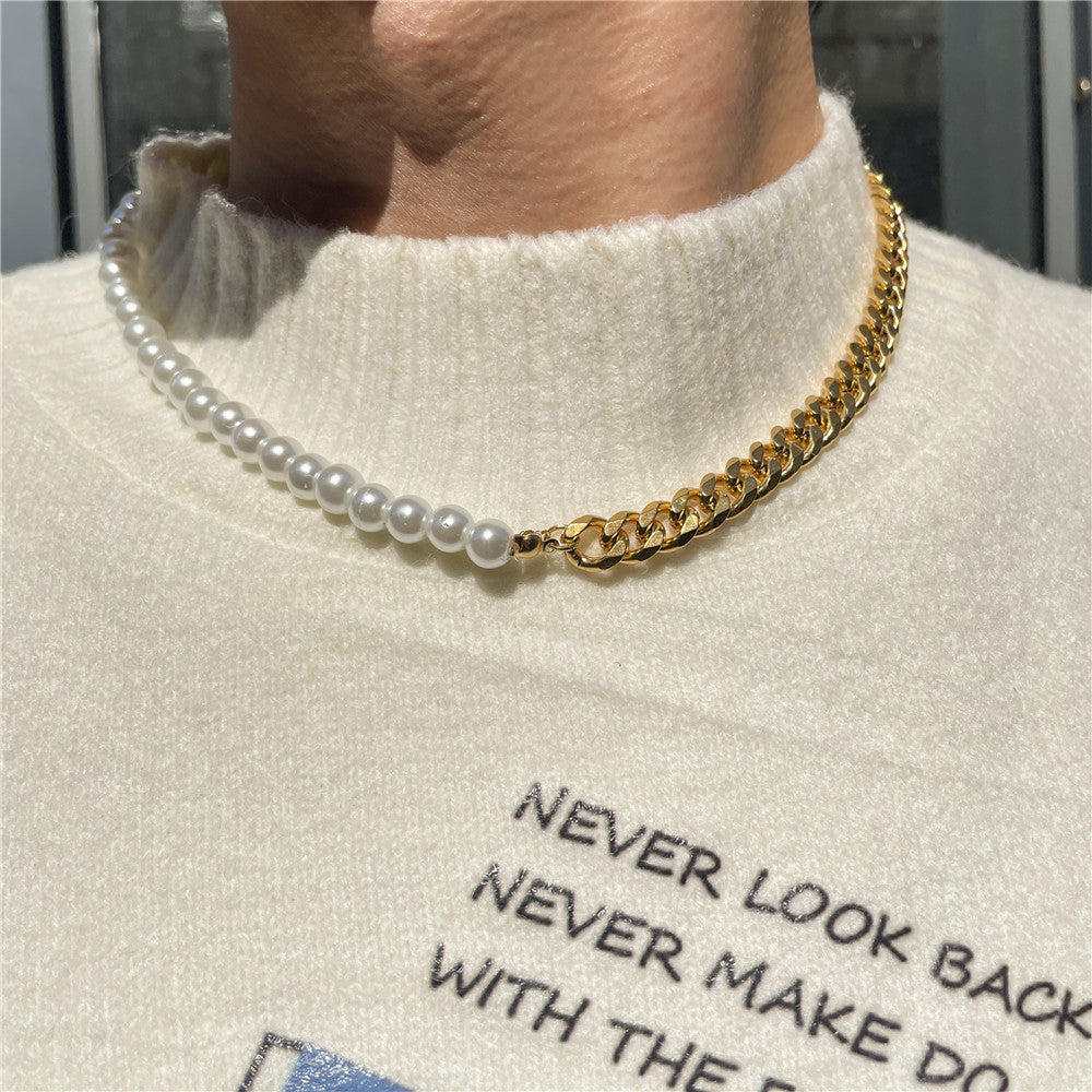 Men's Stitching Stainless Steel Cuban Chain Pearl Necklace ac5ec0e3 a737 428b aaad c34605b91611