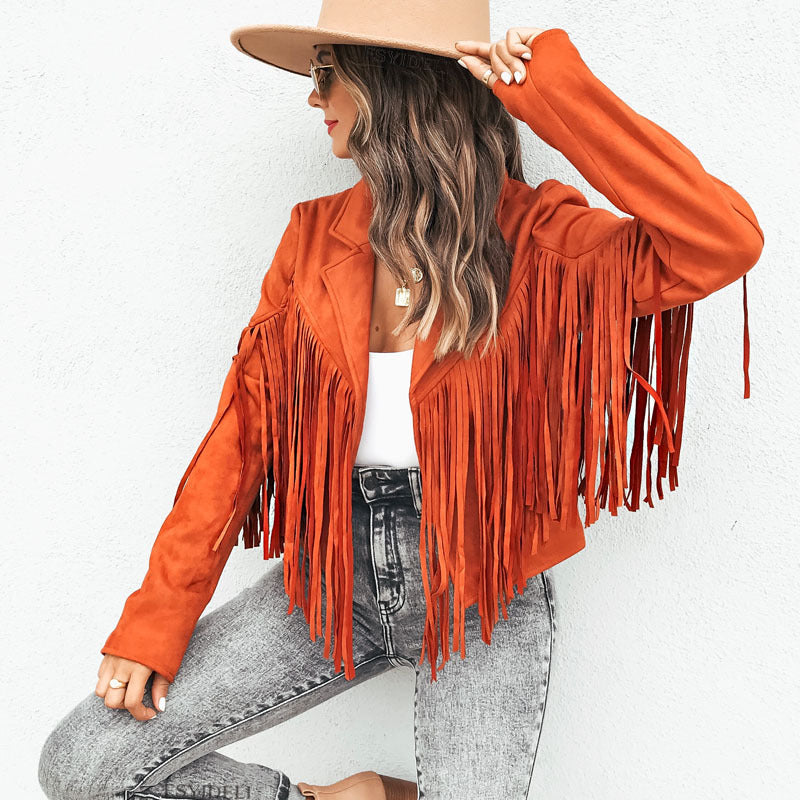 European And American Women's Clothing Jacket Leather Coat Deerskin Velvet Elegant Lapel Tassel Short Coat For Women Autumn A