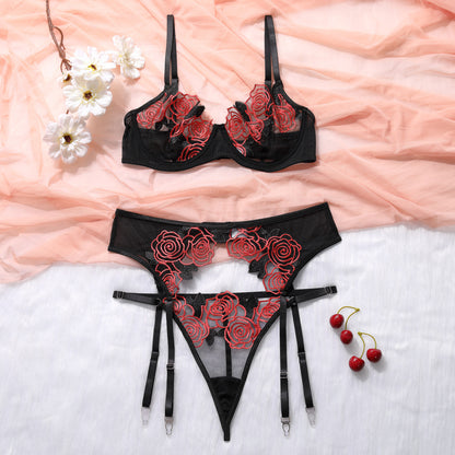Rose Embroidery Mesh See-through Garter Three-piece Set ada392b3 b673 423c a506 389cf3240214
