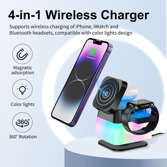 4 In 1 Rotatable Colorful Lighting Wireless Charger Stand For Phone 15 14 13 12 Pro Max 8 7 Holder Magnetic Fast Charging Station - 图片 1
