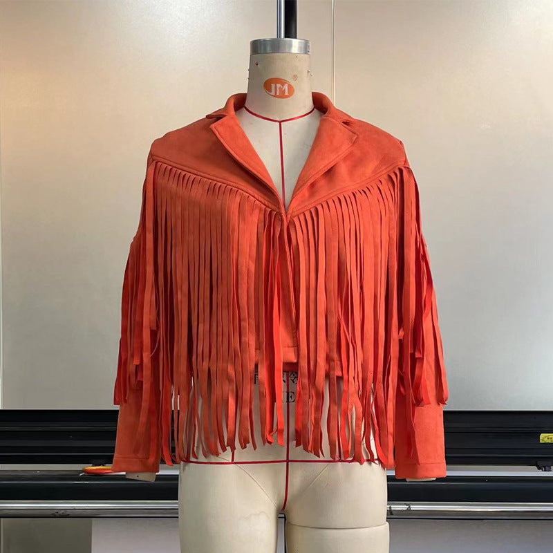 European And American Women's Clothing Jacket Leather Coat Deerskin Velvet Elegant Lapel Tassel Short Coat For Women Autumn A
