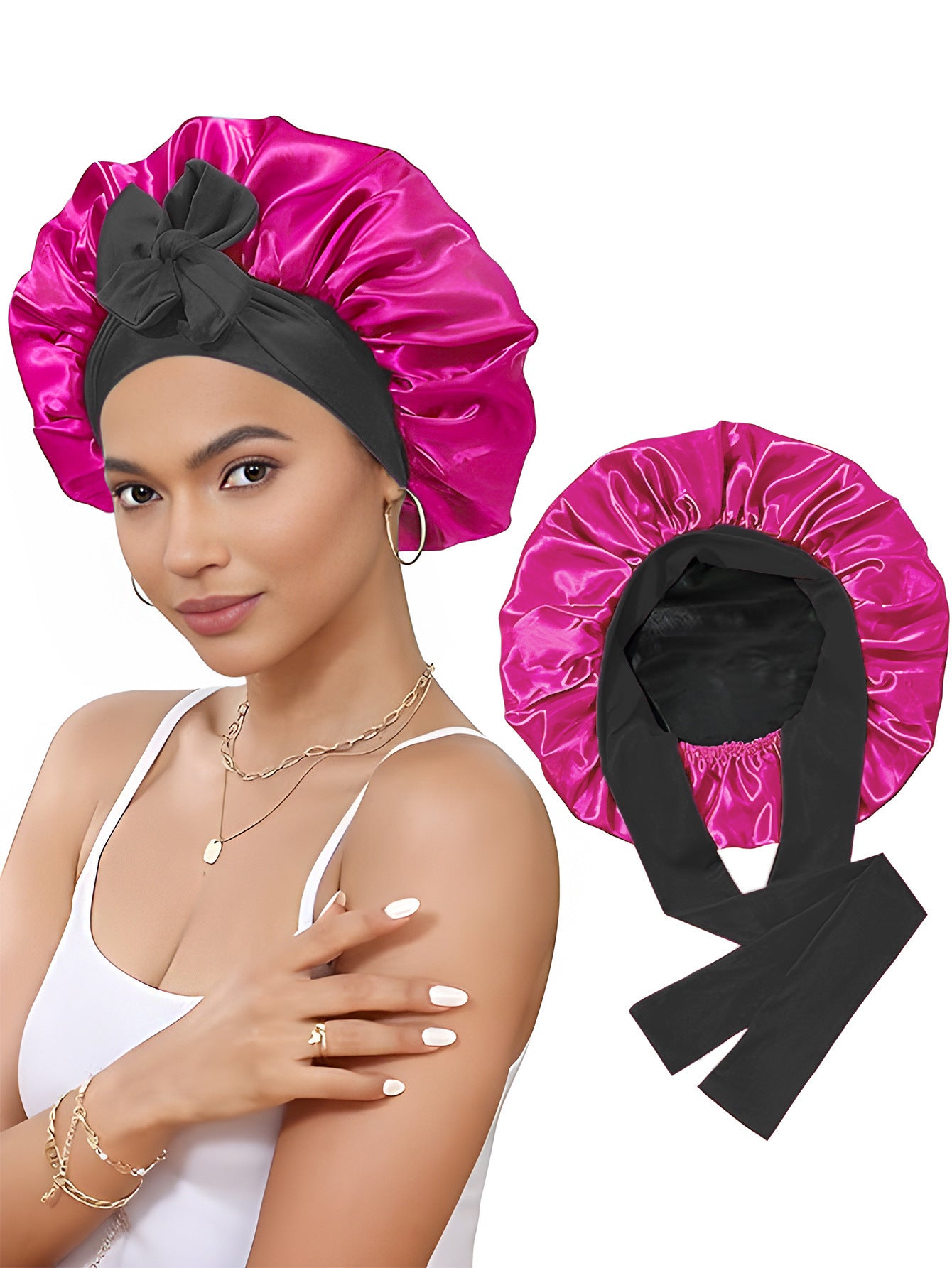 Double-layer Satin Ribbon Round Cap Bow Artificial Silk Beauty Hair Care Wide-brimmed Hat af7f73ac 6b1a 4f4e 87e0 d9770e00e4f