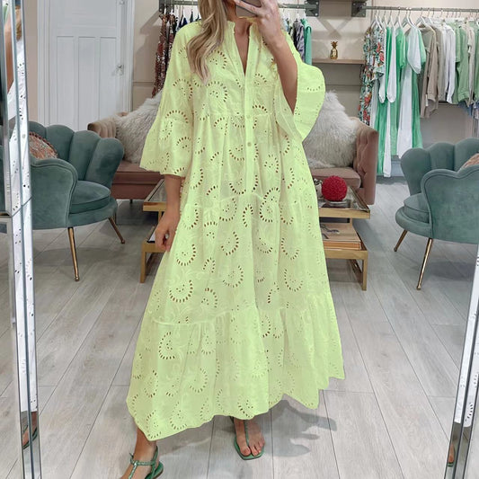 French Style V-neck Bell Sleeve Lace Hollow Out Solid Color Sexy Long Dress Women b007ac12 c9ef 4173 a657 a2c6a03f32c2