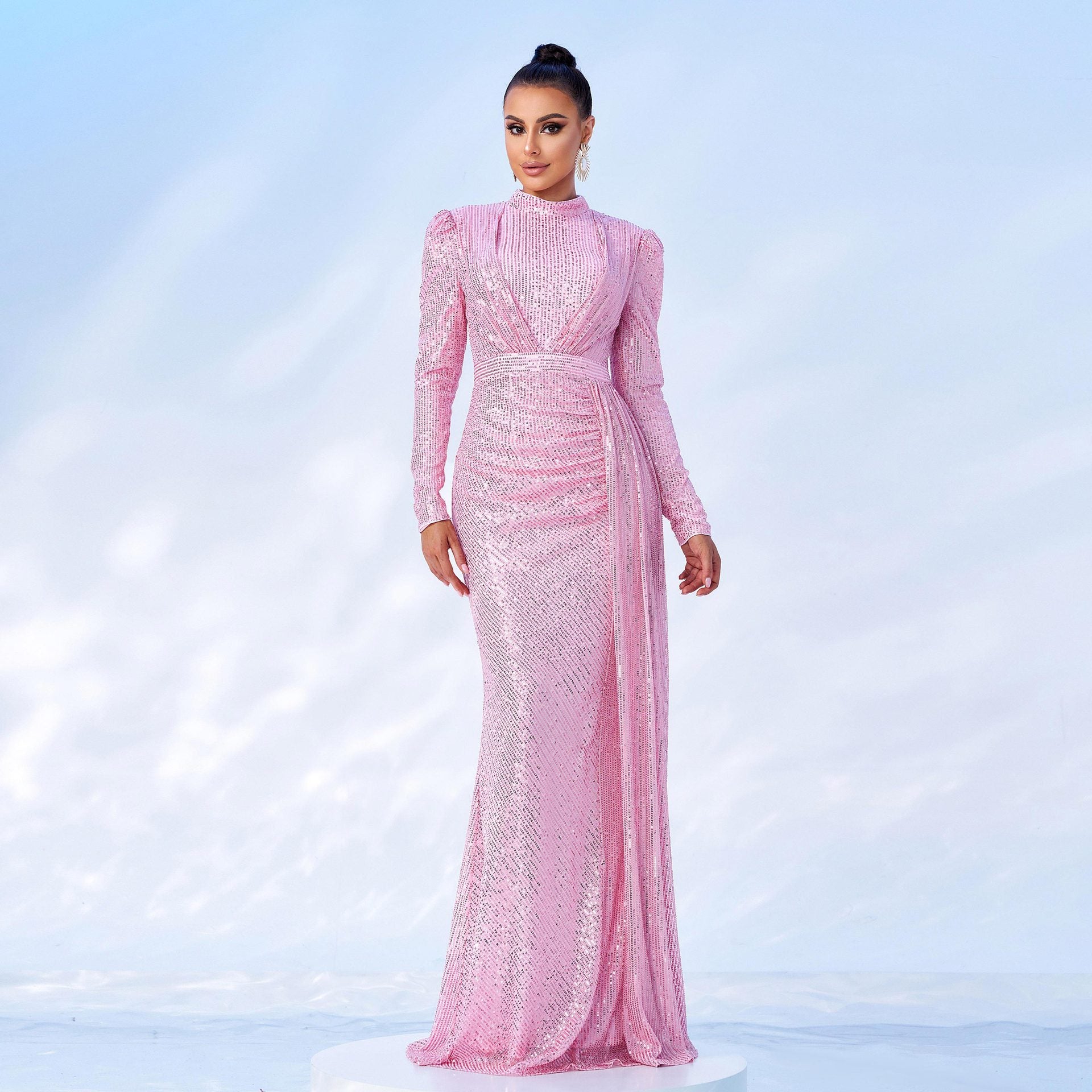 Long Sleeve Round Neck Sexy Slim Long Sequined Banquet Dress b01e7144 df39 4f1b 9a4c d710df07dbea