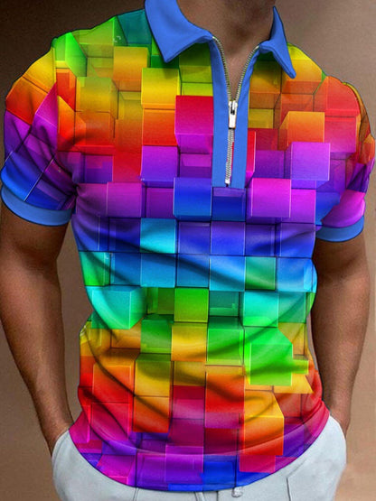 3D Printing Colorful Black Men's Zip Short Sleeve POLO Shirt - HD Wireless Product #4