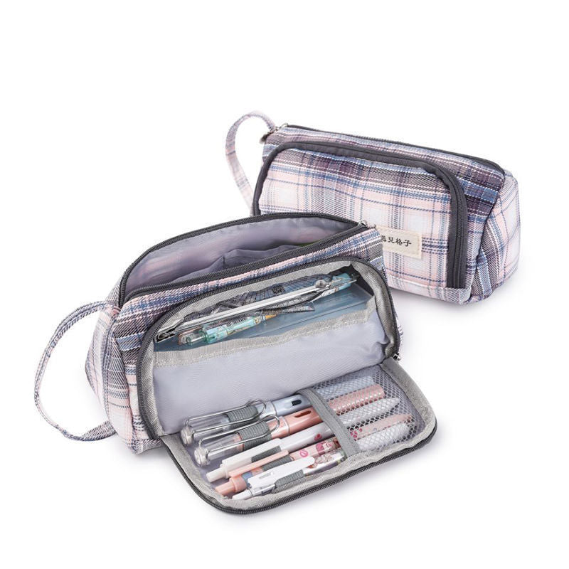Canvas Pen Bag Large Capacity Double Wall Cute Multi-functional Girl Stationery Box High School Junior High School Japanese S