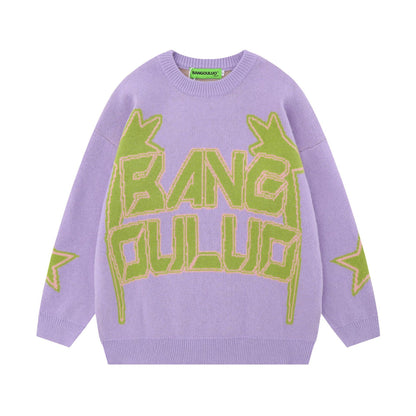 Vintage Star Letters Jacquard Round Neck Sweater b12c9aa5 79a4 4115 81a0 49dae7f8c65b
