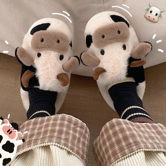 Cute Cow Animal Slipper For Women Girls Fashion Kawaii Soft Fluffy Winter Warm Slippers Woman Cartoon Milk Cow House Slippers