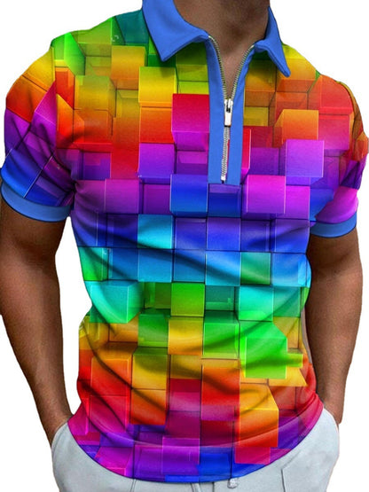 3D Printing Colorful Black Men's Zip Short Sleeve POLO Shirt - HD Wireless Product #7