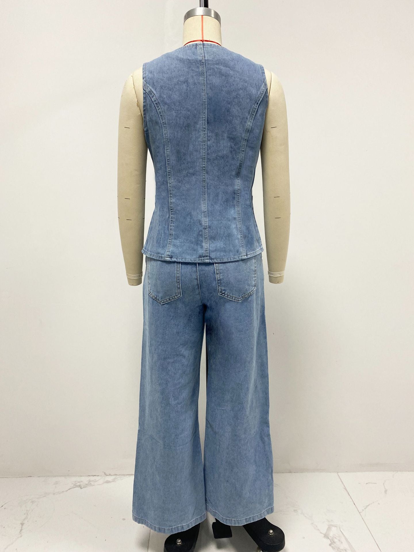 Fashion Sleeveless Denim Suit Wide Leg Pants