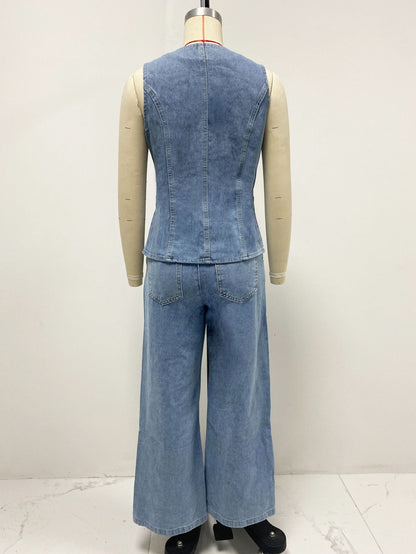 Fashion Sleeveless Denim Suit Wide Leg Pants