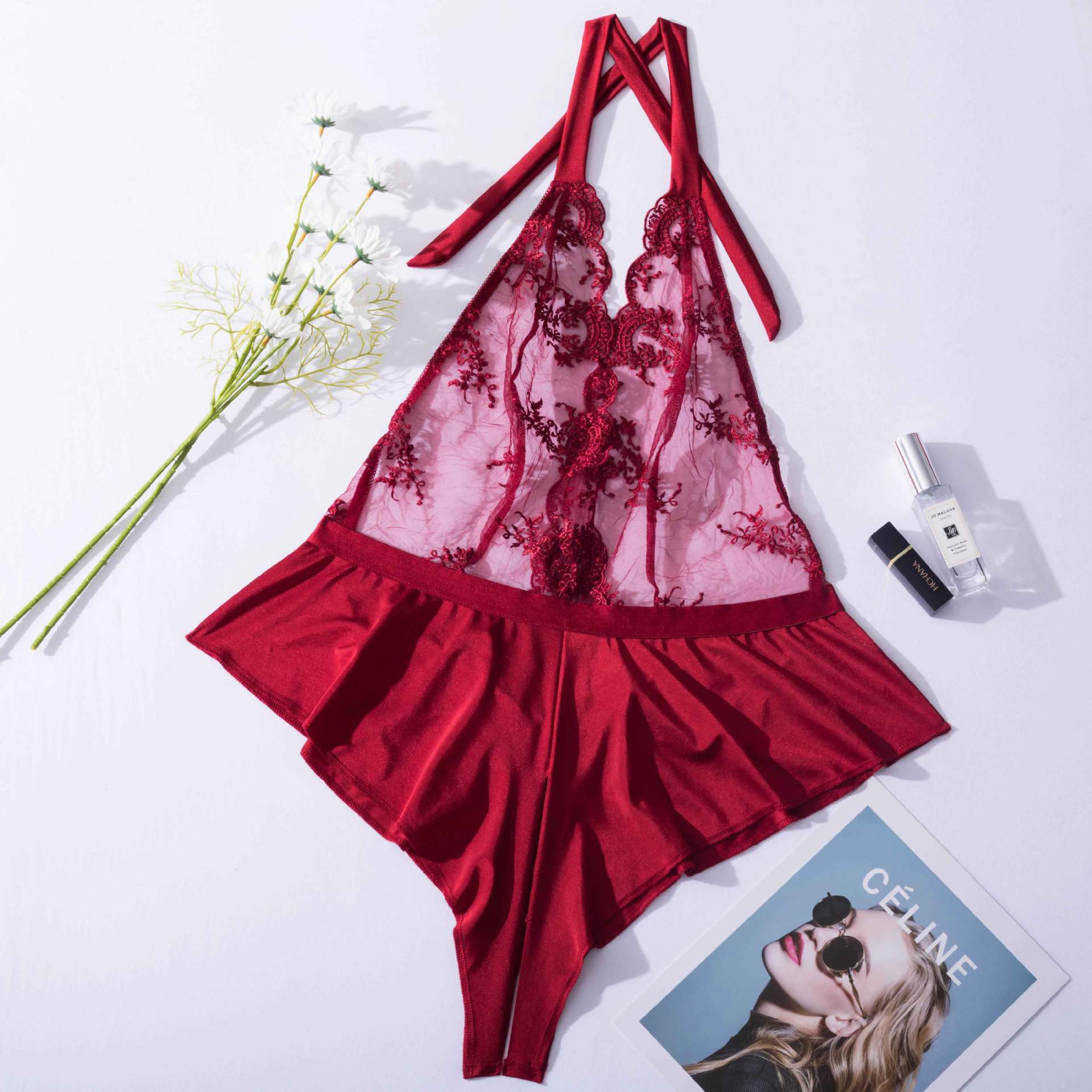Embroidered One Piece Suit White Lace Leaky Back Mesh b3365a82 ce7f 41e9 9f73 29109346b09d