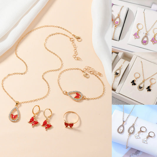 4PCS Set Luxury Women Butterfly Necklace Bracelet Earrings Drop Oil Diamond Jewelry For Girl Gift Jewelry Fashion Jewelr