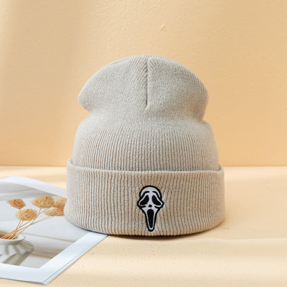 Halloween Dark Embroidered Ghost Face Skeleton Head Fashion Autumn And Winter Warm Fashion Men's And Women's Knitted Hat b41d