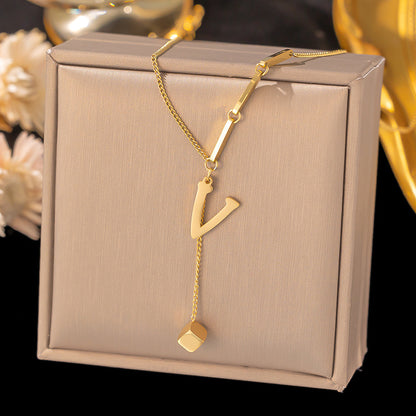Necklace Ornament Titanium Steel Tassel 26 Letters Female Small Square Pendant Graceful Personality Jewelry b447880c 0f42 437