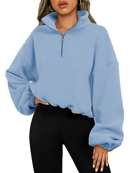 Loose Sport Pullover Hoodie Women Winter Solid Color Zipper Stand Collar Sweatshirt Thick Warm Clothing b505f127 be1a 4f8b 80