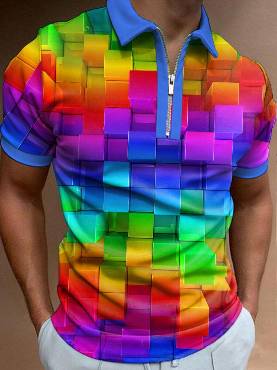 3D Printing Colorful Black Men's Zip Short Sleeve POLO Shirt - HD Wireless Product #5