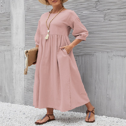 OL Temperament Women's Cotton Round Neck A-line Skirt Dress b5801c93 daa4 4768 828b 9fb67b0c35a9