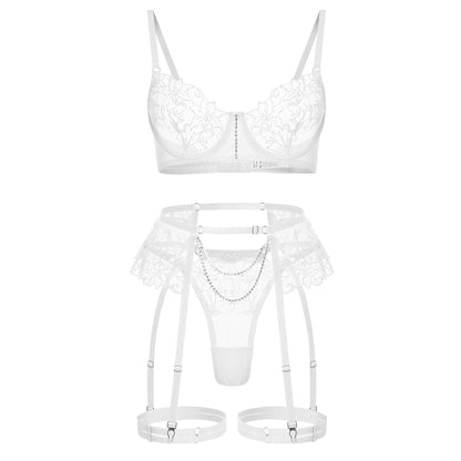 White Metal Chain Flowers Embroidered Underwear Bra Set b6b7e17c 4680 4f1a b89c 410a4d8786a5