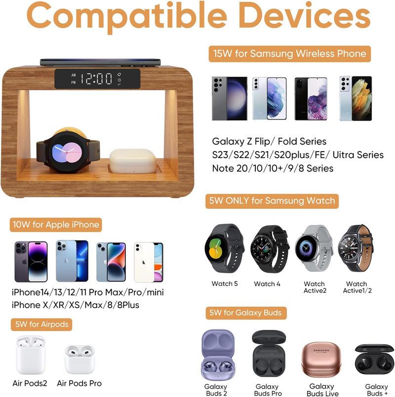Multifunctional Bamboo Table Lamp Alarm Clock Wireless Charger - 图片 2