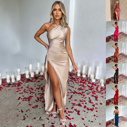 Sexy One-shoulder Backless Slit Dress Summer Elegant Slim-fit Solid Color Satin Dresses For Women bb1a5a09 3d93 4ec4 99e3 842