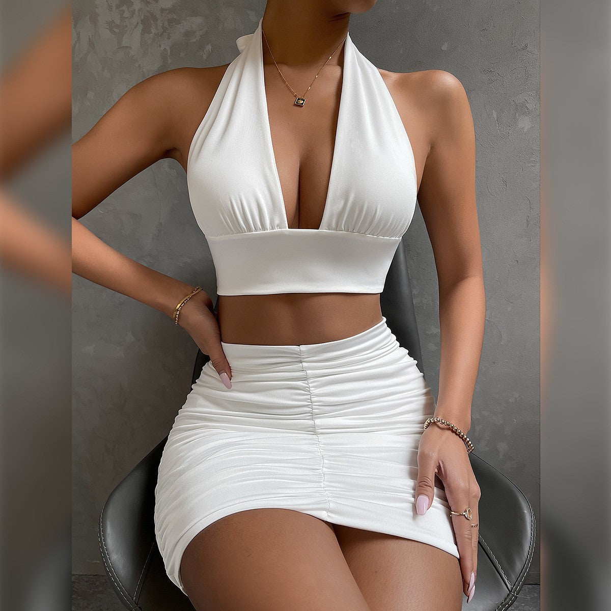 2pcs Dress Suits For Women Halter Lace-up Hip Top And Pleated Hip-covering Skirt - HD Wireless Product #6