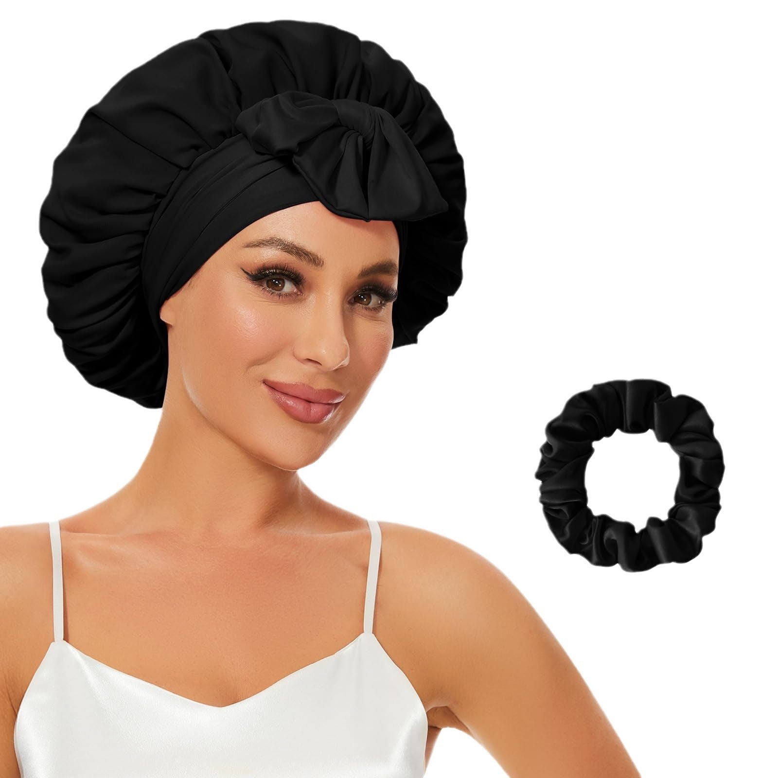 Double-layer Satin Ribbon Round Cap Bow Artificial Silk Beauty Hair Care Wide-brimmed Hat bc0e16b4 6c66 4ab8 89bd 6e6f4cabdef