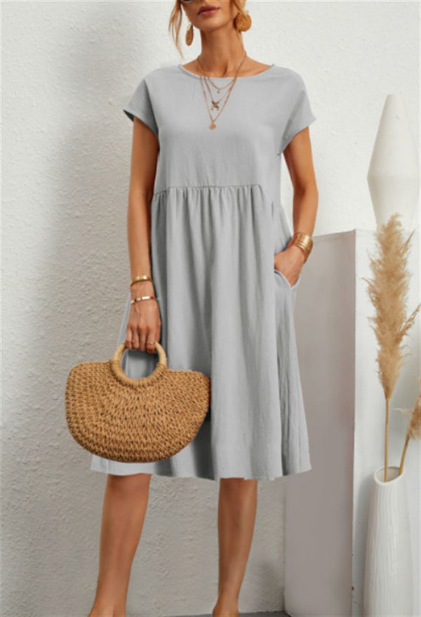 OL Temperament Women's Cotton Round Neck A-line Skirt Dress bc135152 30c9 4d28 ae97 96222a41dd21