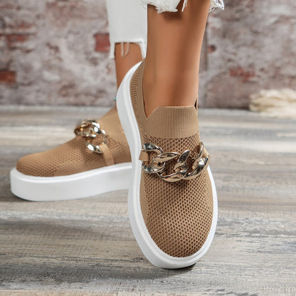 Spring And Autumn New Thick Bottom Shallow Mouth Knitted Mesh Chain Outer Wear Casual Women's Shoes bf0cab23 d9aa 48a2 b7c0 e