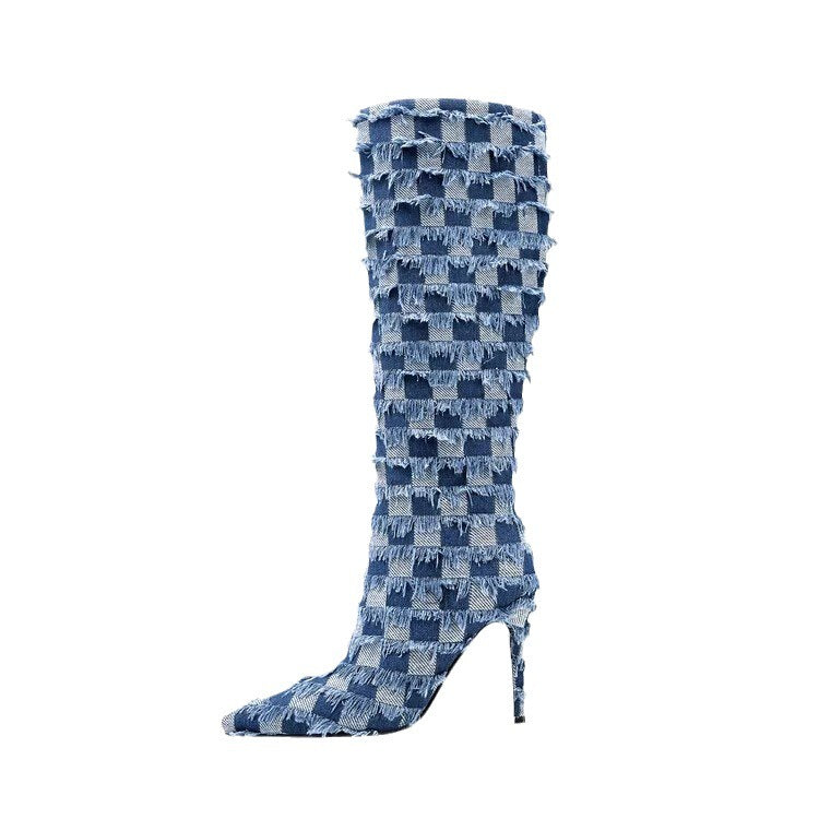 Chessboard Plaid Denim Blue Cloth Women's Boots bf2fe08e 714b 4a3f 9f09 0b8f38cd98a2