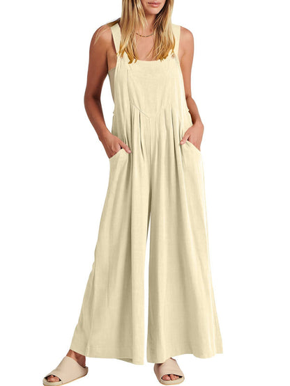 Women's Solid Color Loose Casual Cotton And Linen Suspender Jumpsuit bff7db61 9467 4c66 8d70 89b854e547a5
