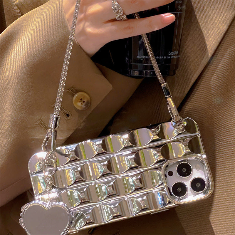 Electroplating Silver Heart Shape Mirror Chain Phone Case c08391e7 4579 409f 8596 b281a11a2ed1