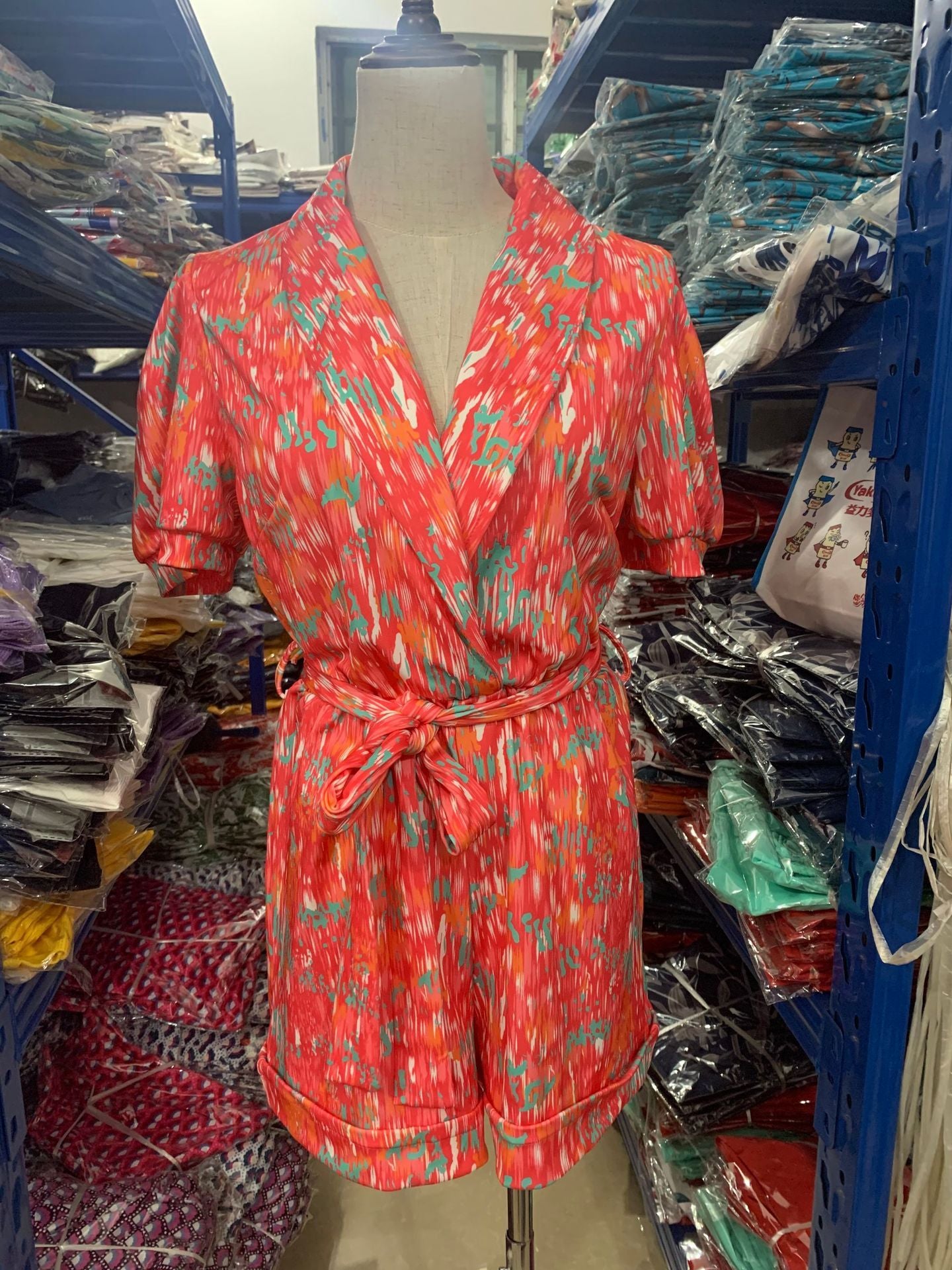 Bubble sleeved short sleeved printed waistband elastic jumpsuit c15bd73c 5b27 4b21 9107 b16f06d2bf7b