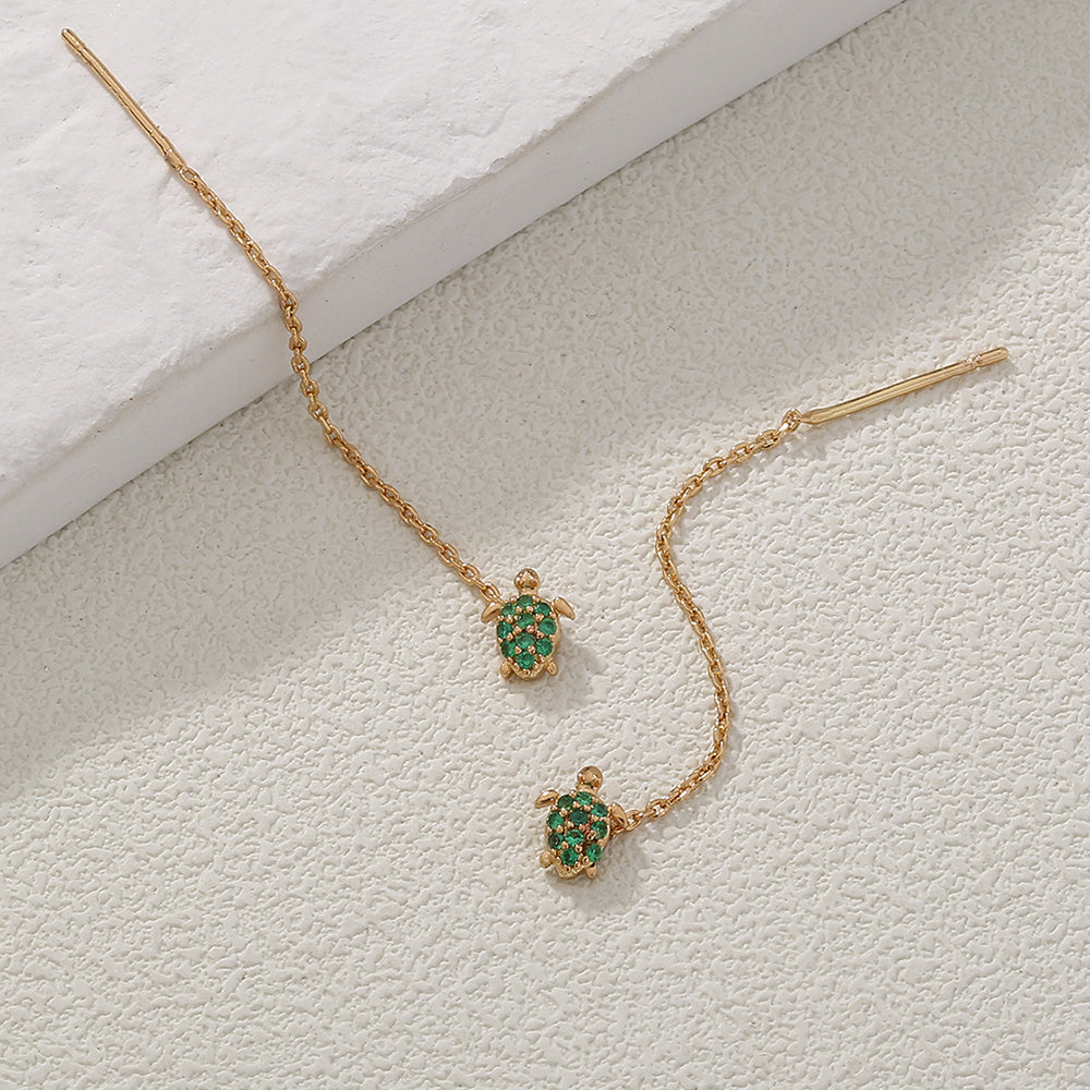 Thin Face Earlines, The New Trend Of Small Simple Tassel Earrings Long Copper Micro-green Zircon Small Turtle Earrings Pendan