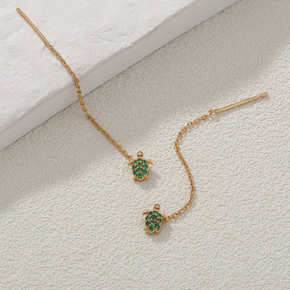 Thin Face Earlines, The New Trend Of Small Simple Tassel Earrings Long Copper Micro-green Zircon Small Turtle Earrings Pendan