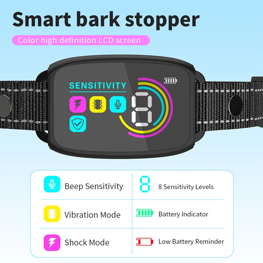 Smart Automatic Anti Barking Dog Collar Rechargeable Bark Stopper Stop Barking HD Digital Display IP67 Waterproof Collar For 