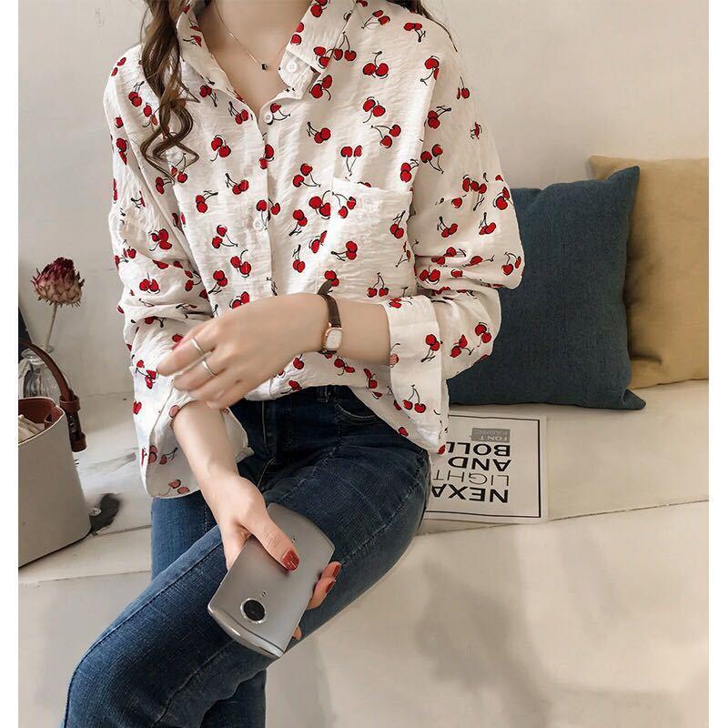 Women's Long-sleeved Shirt Loose Sweet Cherry Printed c23626cf e701 4747 b2b4 2ace9dcfe02b