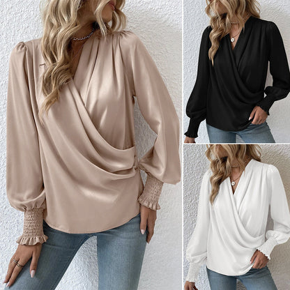 Women's Elegant Women's V-neck Lantern Sleeve Style Solid Color Shirt c30a7cff 2347 41a8 987a 7754a3d4bd06
