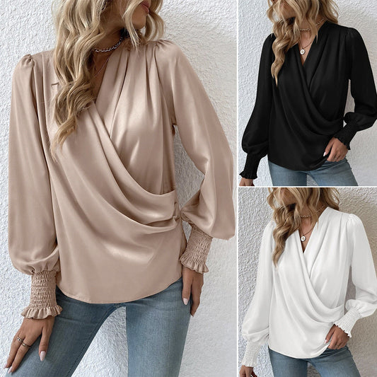 Women's Elegant Women's V-neck Lantern Sleeve Style Solid Color Shirt c30a7cff 2347 41a8 987a 7754a3d4bd06