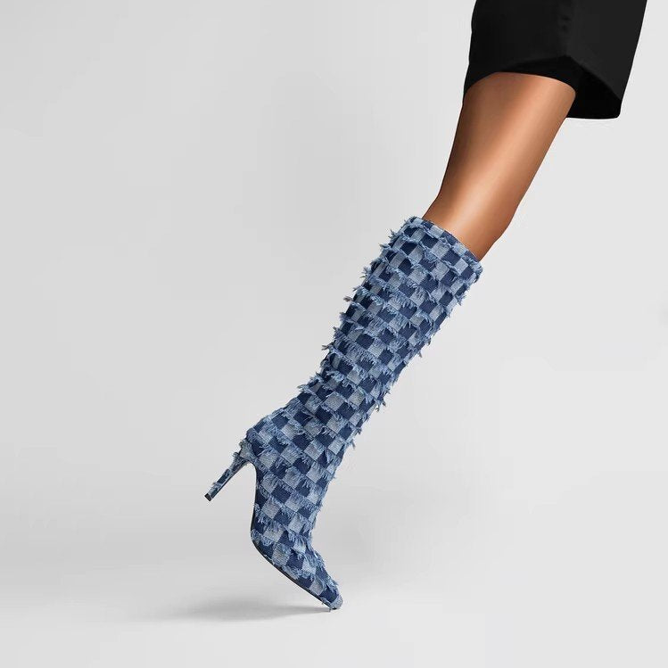 Chessboard Plaid Denim Blue Cloth Women's Boots c3704524 5ae4 43b0 896d cc6e4ba14aa6